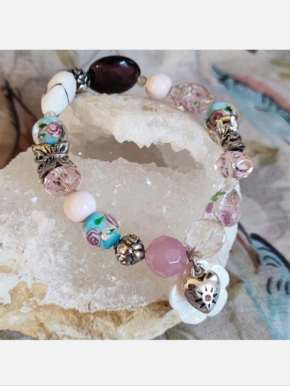 Murano Glass Lampwork Beads Faceted Pink Clear Acrylic Purple Stretch Bracelet